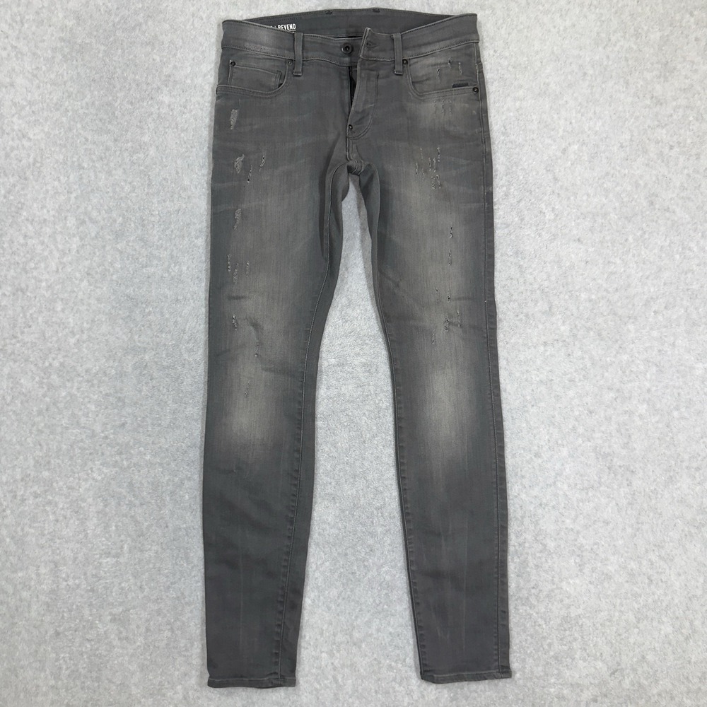 G Star Raw Jeans Mens 32X34 Gray Revend Super Slim Stretch Whiskers‎ Thrashed